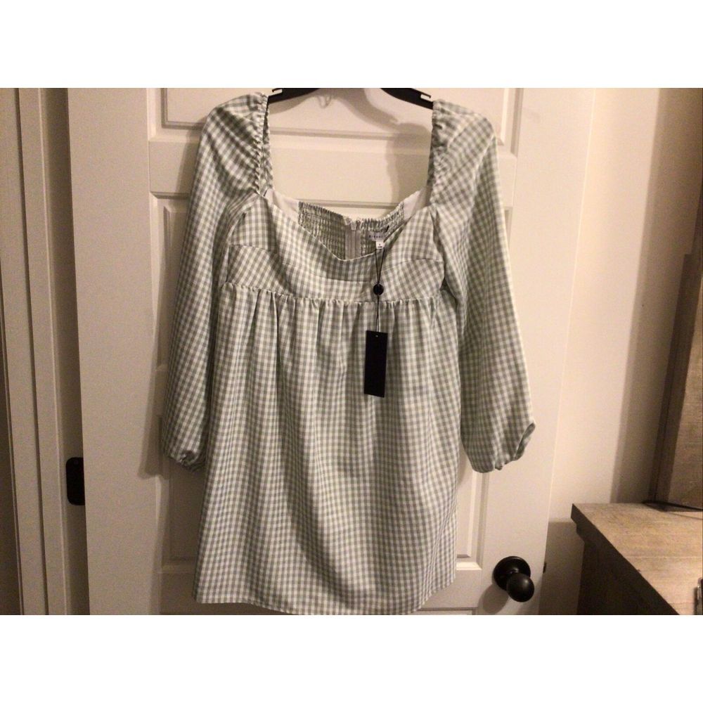 Gianni Bini Kennedy Gingham Long‎ sleeve Sweetheart Neck Babydoll Dress Size 6